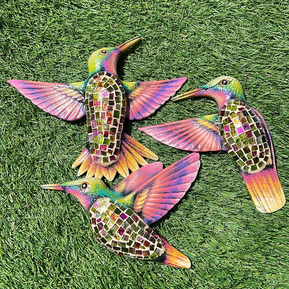 Set of 3 Hand-painted and Glass Mosaic Hummingbirds (Wall Decor)